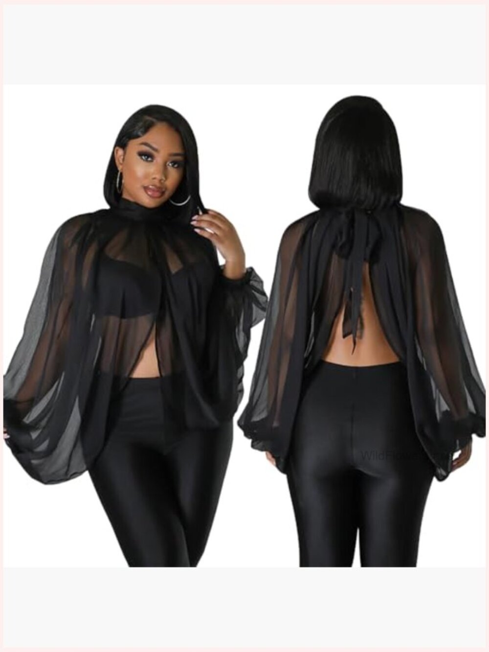 Sexy Sheer Chiffon Lantern Sleeve Blouse Front Back Open Self Tie Top - Picture 3 of 7